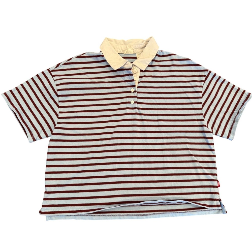 Levis Mens Medium Striped Short Sleeve Rugby Polo Shirt Blue Red Cotton Boxy